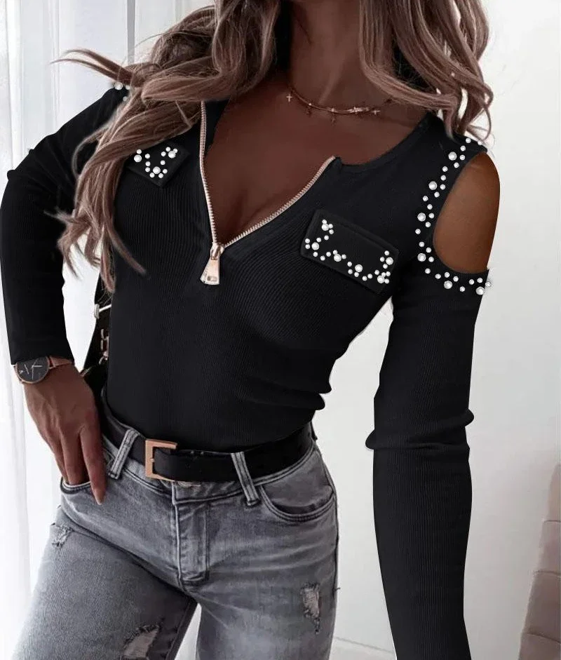 Woman Blouse Streetwear Spring 2024 New Long Sleeved V-Neck Off Shoulder Tops Fashion Casual Daily T-shirt Female's Pullover Tee - Image 2