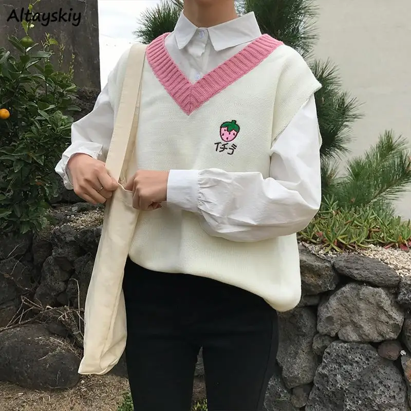 

Sweater Vest Women Sleeveless Trendy V-Neck Student Embroidery Patchwork All-match Popular Feminino Simple Sweet Knitting Kawaii