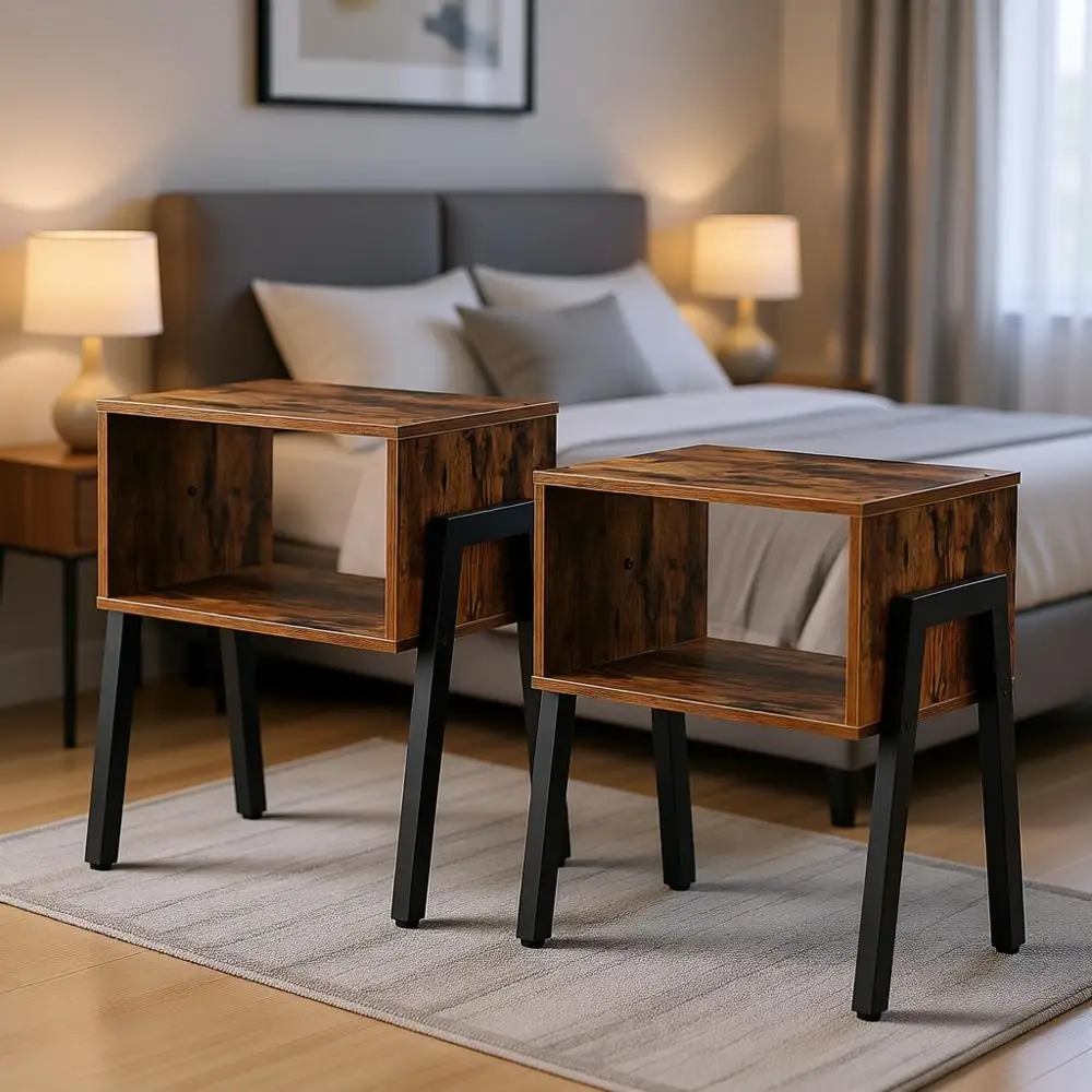 

Набор из 2 прикроватных столиков с открытыми полками, цвет рустик-коричневый, идеально подходит для спальни и гостиной