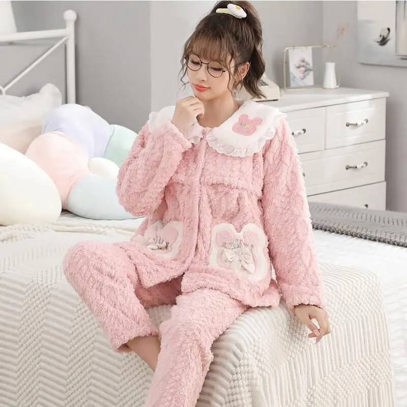 

Kawaii осенне-зимняя модная сексуальная одежда для сна, женские брюки с длинными рукавами, фланелевая удобная толстая домашняя одежда, комплект из двух предметов