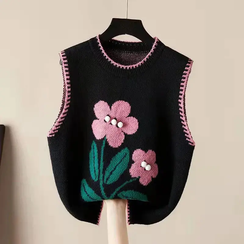 Czarny kwiatowy akrylowy dzianinowy sweter bez rękawów z dekoltem w szpic Damski sweter z kamizelką Kobiece swetry Topy Odzież damska Moda Jesień