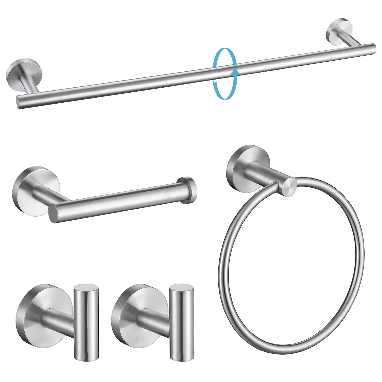 5 Pieces Brushed SUS304 Stainless Steel Bathroom Accessories Set with 24 Inch Towel Bar, Towel Ring, Toilet Paper Holder, 2