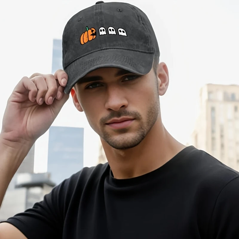 Halloween Gamer Pumpkin Eating Ghost Costume Baseball Cap - Y2K Retro Snapback Hat with Pumpkin & Bones Graphic, Black/Orange Ha