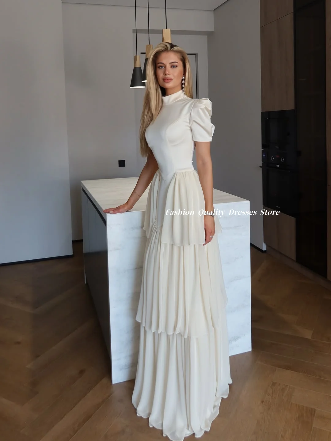 Evening Dress Women High Neck Puff Sleeve A Line Gown Cream Satin Chiffon Multi Layer Ruffle Long Formal Party DressesCustomized