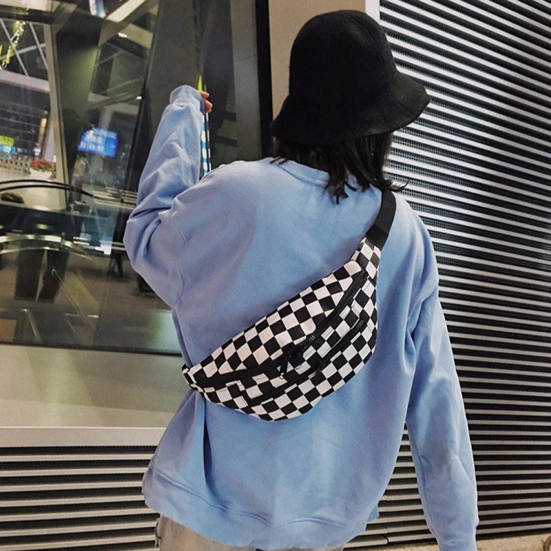 New Checkerboard Black and White Checkered Fashionable Waist Bag with Double Zippers and Canvas Crossbody Bag image 3