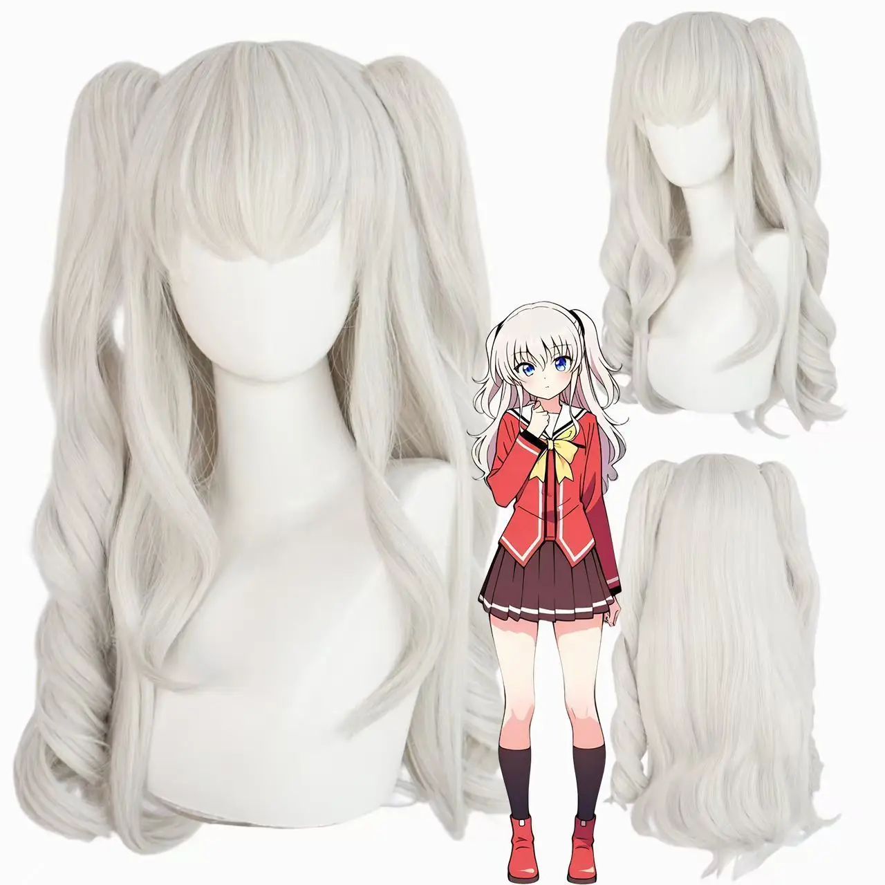 ‌ Perruque Charlotte Cosplay – Cheveux longs et bouclés blancs, frange Yuri Nakamura, couvre-chef complet Anime pour femmes