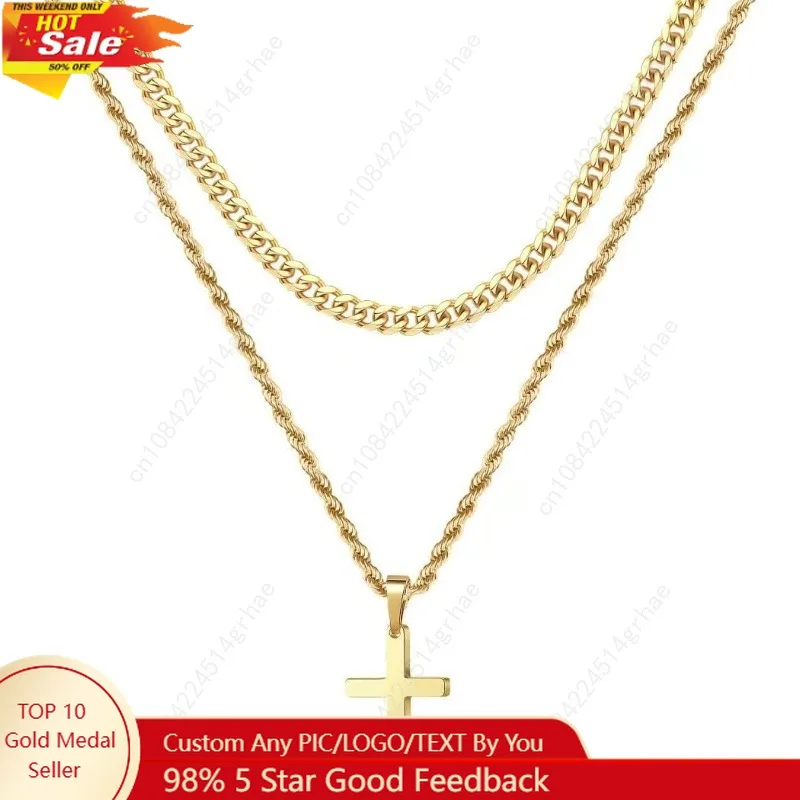 

Ursteel Layered Cross Necklace for Men - Stocking Stuffers for Teen Boys, 18K Gold Plated Cross Necklaces Chain for Men Boys Chr