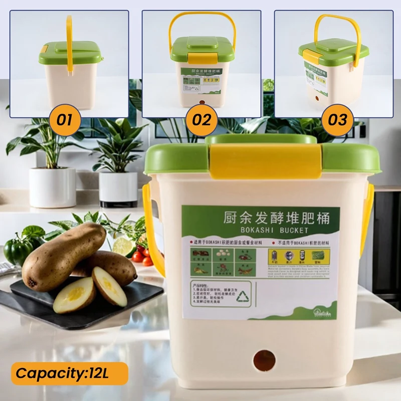 12L Compost Bin Recycle Composter Aerated Compost Bin PP Organic Homemade Trash Can Bucket Kitchen Garden Food Waste Bins