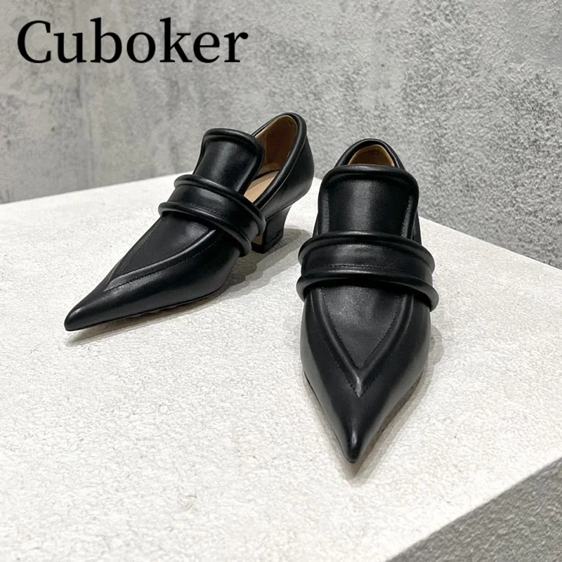 

2023 Summer Banquet Pointy toe Pumps Leather Chunky Heels Ladies Cover Heel Pumps Women's shoes Dress Party Woman Shoes mujer