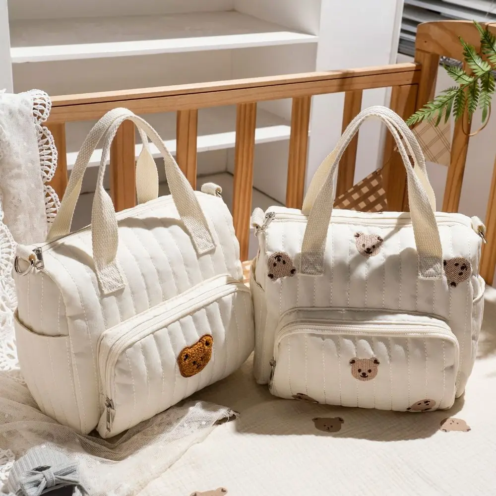 

Korean Style Mummy Bag Embroidery Flower Baby Diaper Organizer Lightweight Bear Quilted Embroidered Shoulder Bag Outdoor