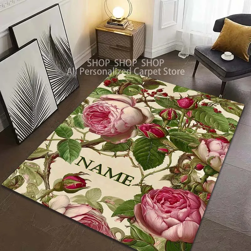 Personalized Name Custom Luxury Flowers Print Carpet for Living Room Bedroom Mat Sofa Doormat Floor Rug Home Decor