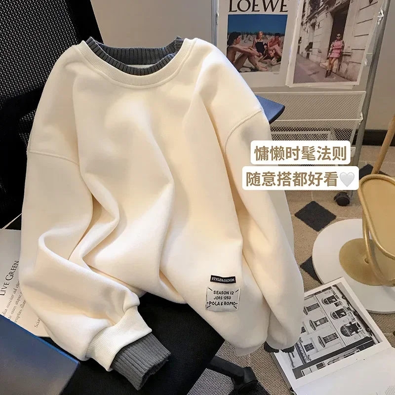 2025 Autumn Winter New Women's Plush Thickened Round Neck Sweater Women's Fake Two Piece Long Sleeve Temperament Y2k Loose Tops