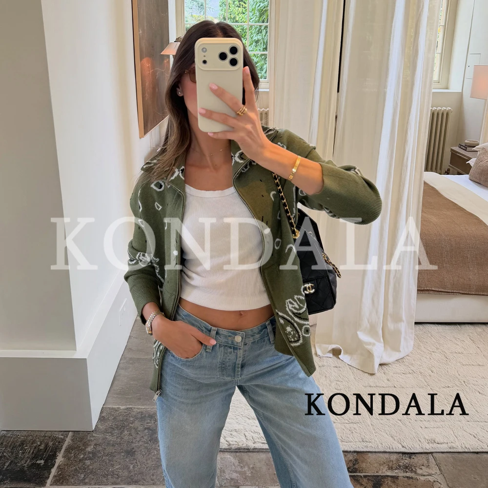 KONDALA Women Casual Knitted Zip-up Jacket 2026 Fall Winter Trendy Festivities Vintage Jacket Lady Stand-Collar Sweater Cardigan