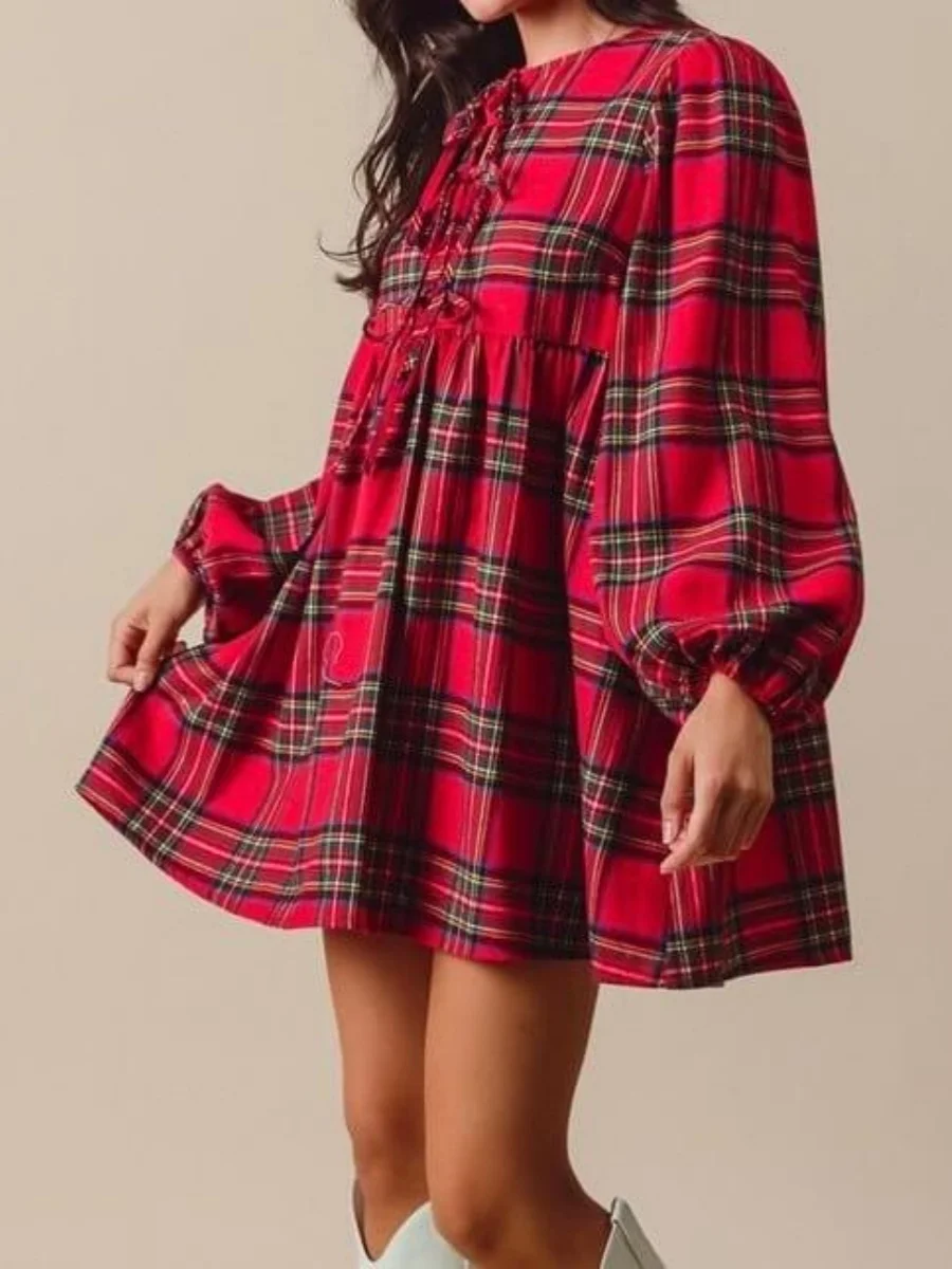 レディースレッドチェック柄蝶ネクタイクリスマスドレスフリルカジュアルベビードールミニドレス長袖パーティーフォトシュートシフトドレス