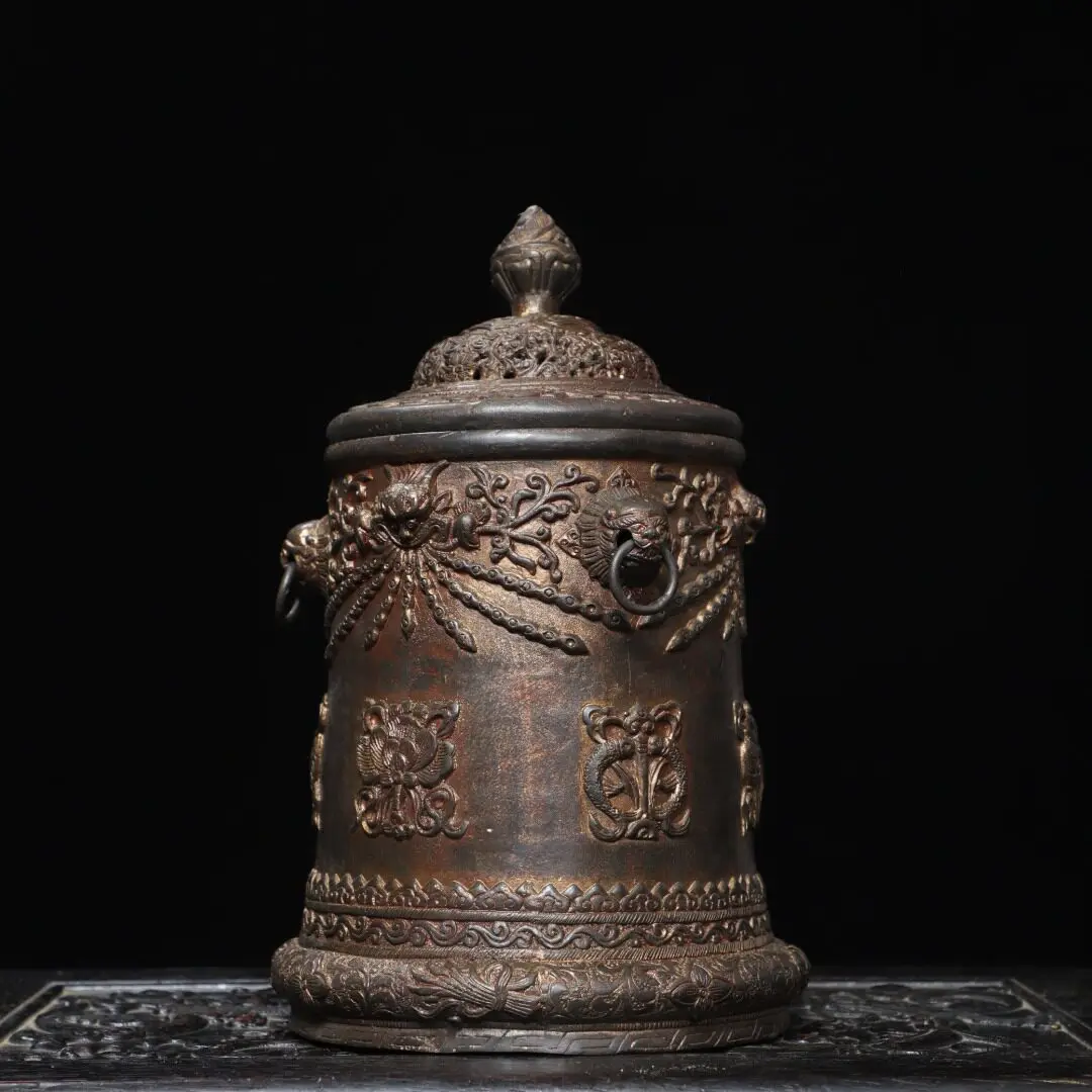 Tibetan Eight Auspicious Treasures Jar Pure Copper Gold Rubbed Vintage Home Altar Desk Decor