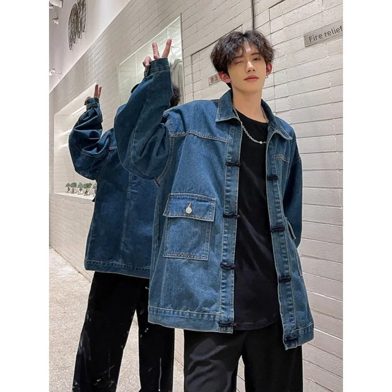 

Deep Blue New Chinese Sle Button down Denim Jaet Men's High Faion Cool Design Cotton Polyester Blend Waterproof Autumn ...