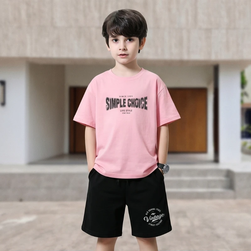 

Boys 2PCS Cotton Retro Print Outfit Set Short Sleeve T-Shirt + Elastic Waist Shorts Summer Casual Kids Set JZX01