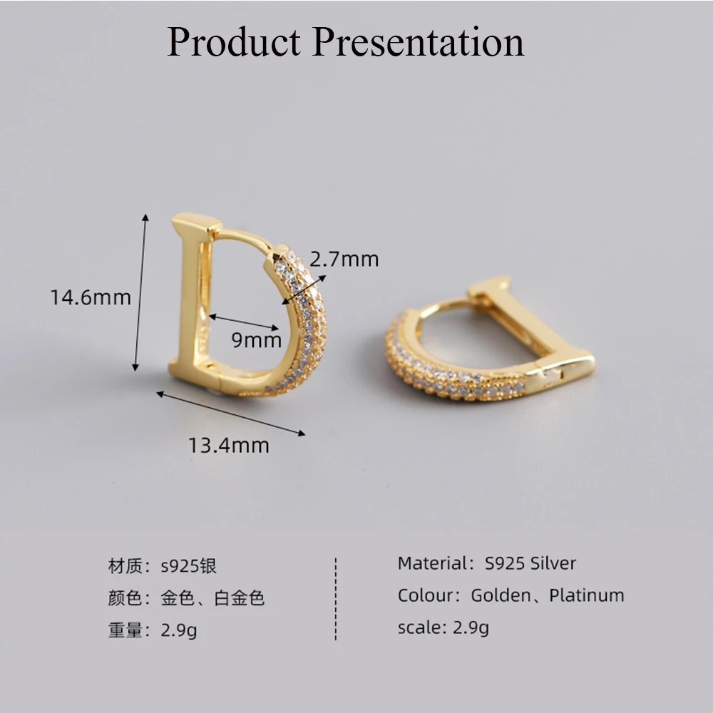 CCFJOYAS 100% 925 Sterling Silver Pave Zircon Letter D Hoop Earrings for Women European and American Personality Wedding Jewelry