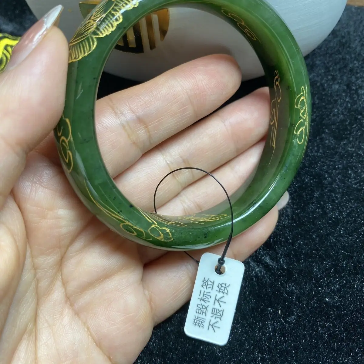 Natural genuine new Hetian jade jasper gold-painted carved bracelet flange color flower blooming spinach green Chinese style ric
