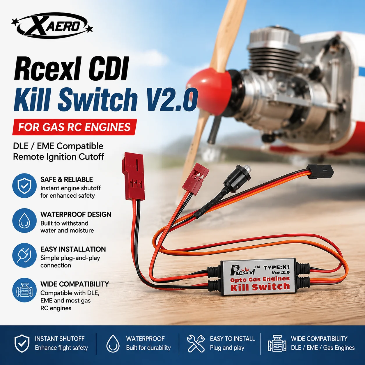 Rcexl CDI Kill Switch V2.0 for Gas RC Engines DLE/EME Remote Ignition Cutoff Waterproof