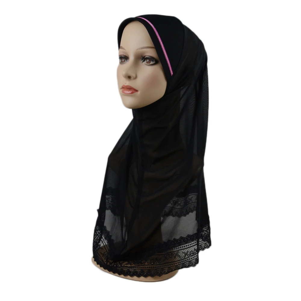 High Quality Medium Size Muslim Amira Hijab with Lace Pull On Islamic Scarf Head Wrap Pray Scarves Headwear for Big Girls 6-12Y