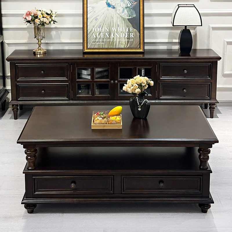 

Solid wood coffee table TV cabinet combination black walnut European simple retro light luxury living room home