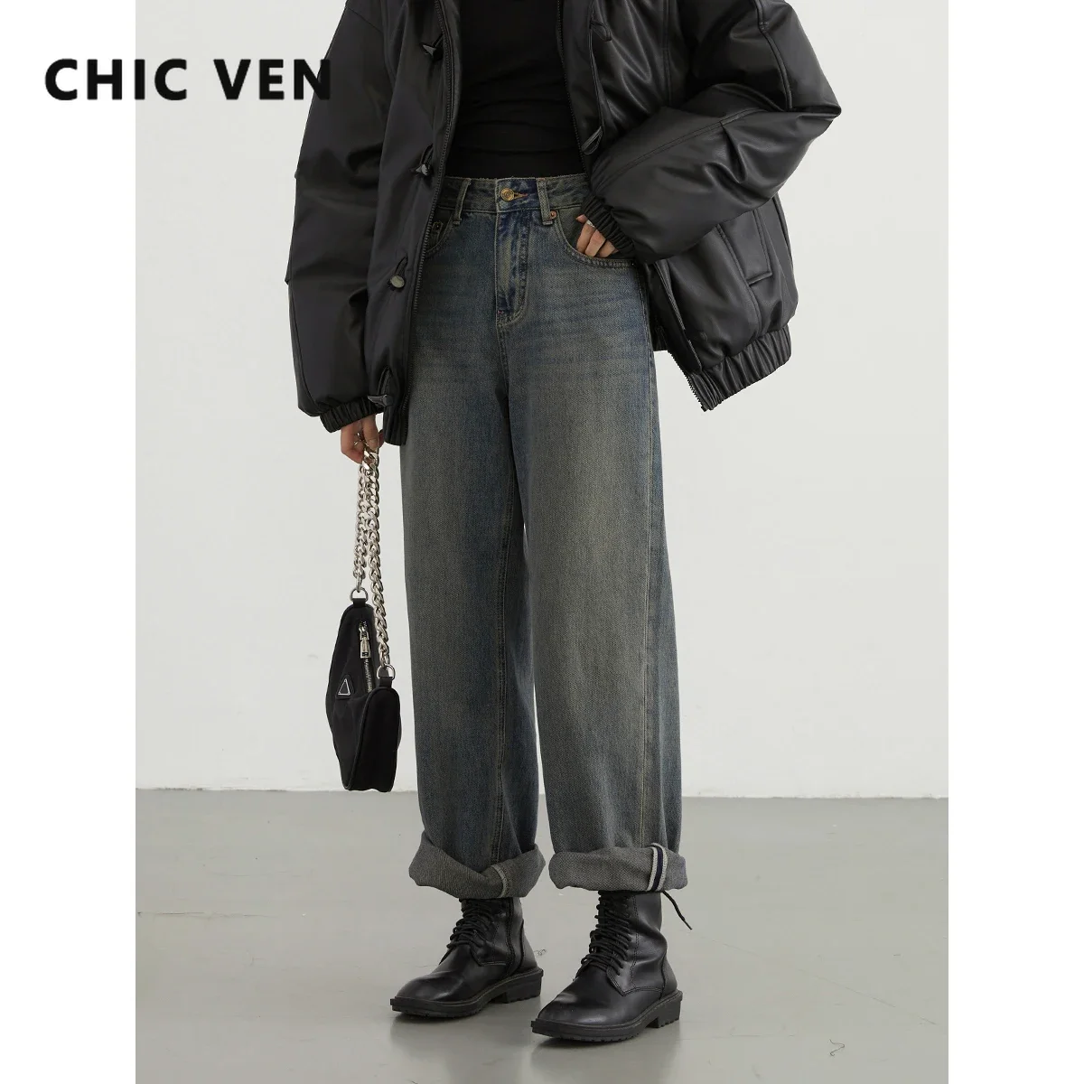 CHIC VEN Women\'s Jeans Casual Streetwear Vintage High Waist Washed Female Denim Pant Woman Wide Leg Trousers Autumn Winter 2023