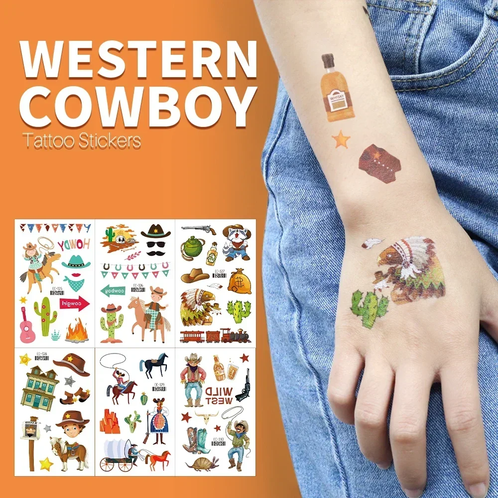 Cowboys Temporary Tattoo Stickers Kids Cartoon Tattoo Sticker Western America Cool Boy Fake Tattoo Waterproof Hand Face Tattoos