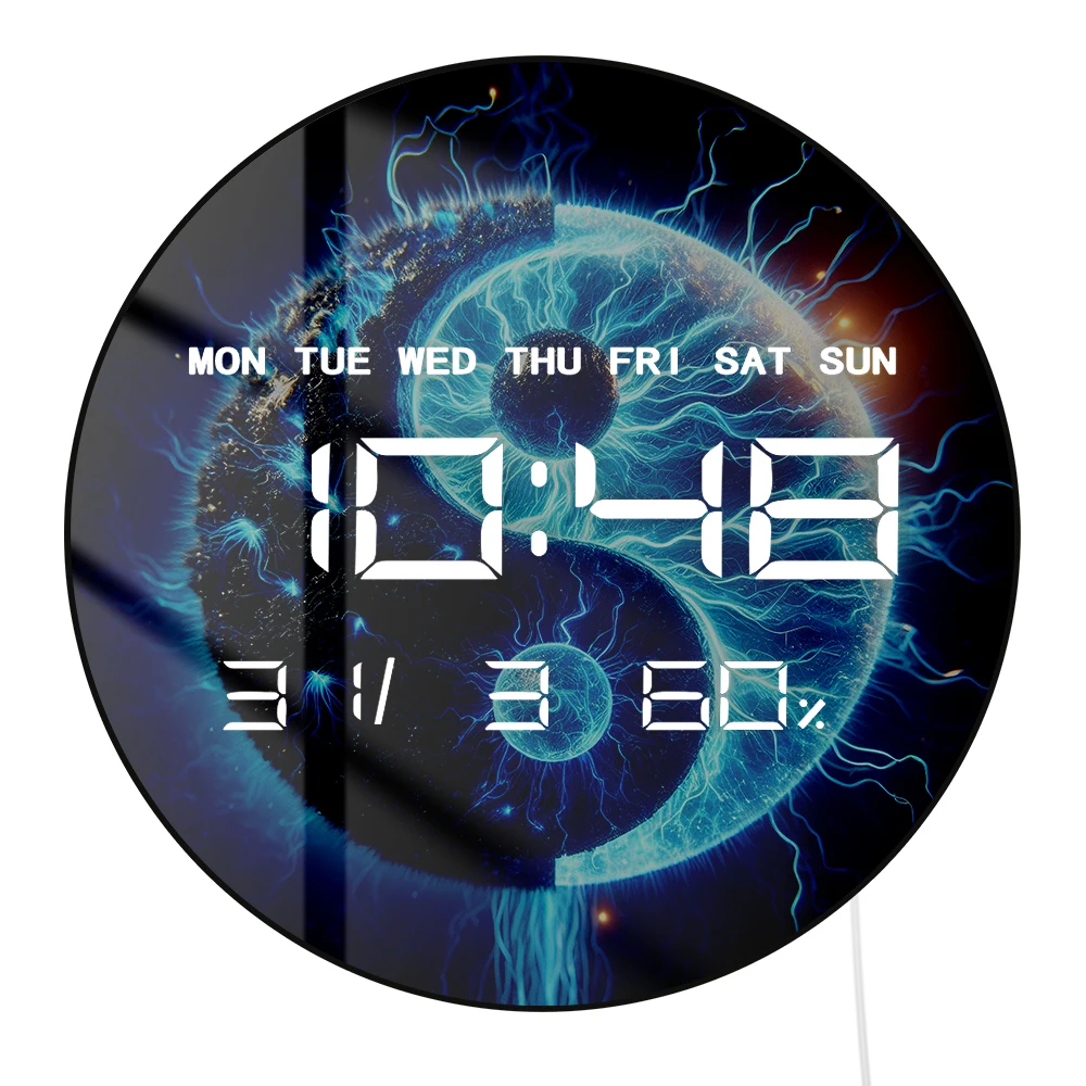 Blue Yin and Yang Sign LED Digital Wall Clock Chinese Philosophy Symbol Spiritual Home Large Number Display Electric Wall Clock