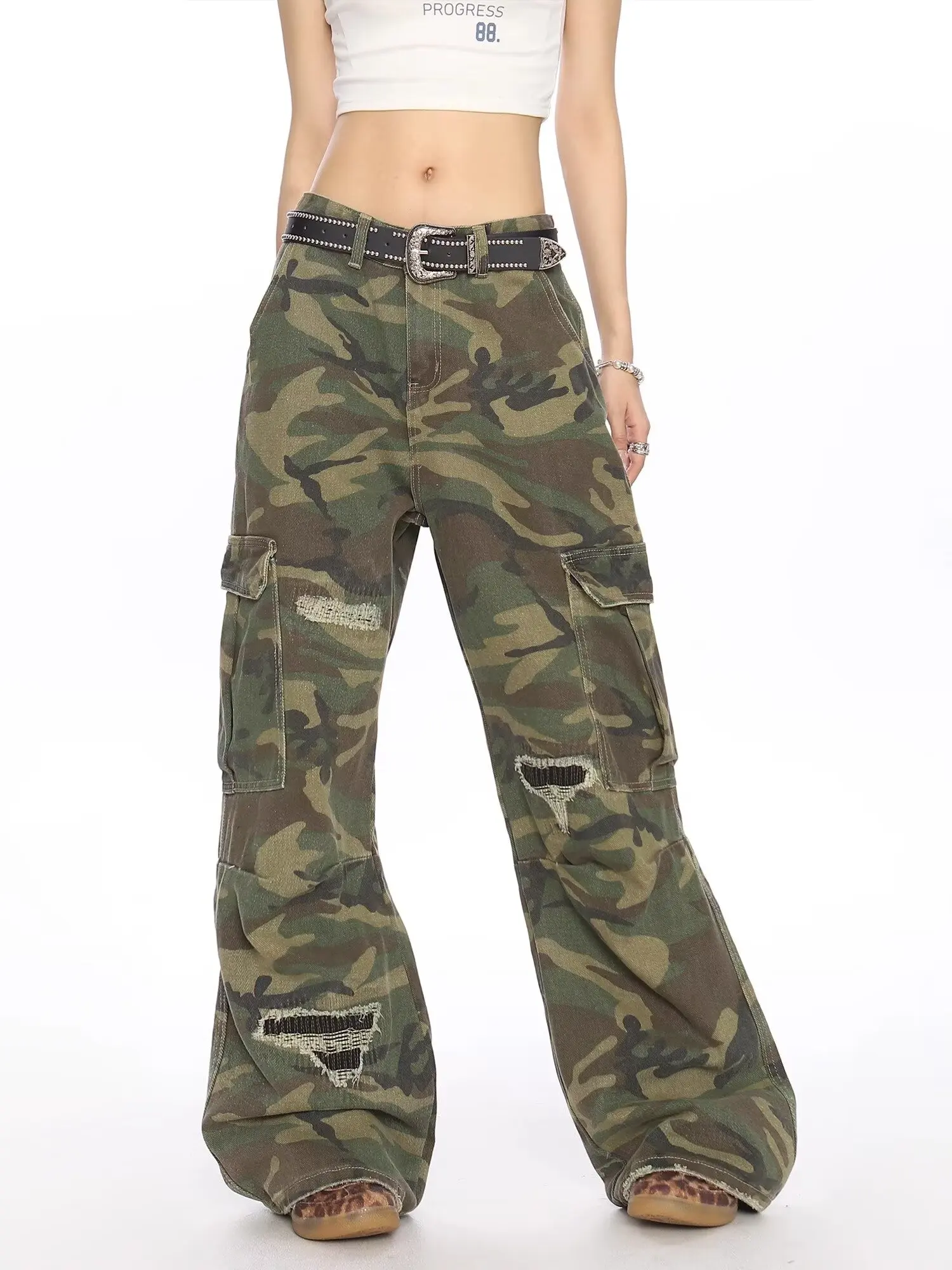 

Y2K камуфляжные рабочие джинсы в американском стиле, женские универсальные утягивающие джинсы свободного кроя с высокой талией и прямыми штанинами, широкие длинные свободные брюки