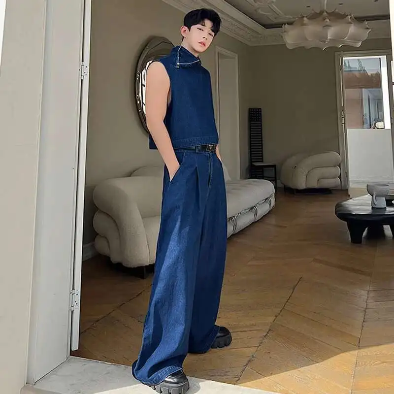 LUZHEN 2025 Spring Trendy High Street Stand Neck Sleeveless Vest Korean Loose Straight Jeans Men\'s Two-piece Sets Denim 2ca7bc