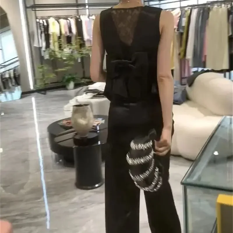 Nova moda cetim feminino conjunto de duas peças verão elegante rendas retalhos arco sem mangas jaqueta superior + cintura alta calças largas perna terno