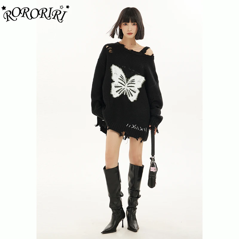 

RORORIRI Women Off Shoulder Ripped Knitted Sweater Tassels Long Sleeves Lounge Loose Fuzzy Butterfly Jumper Top Vintage Clothes