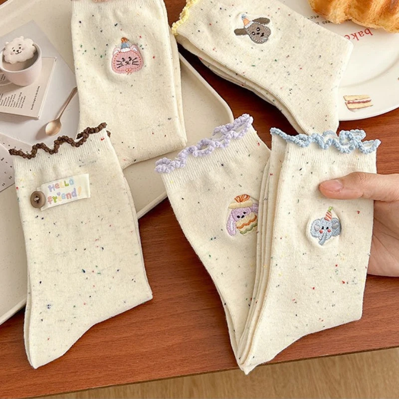 1/5 pair of women's pure cotton spring autumn cute cartoon embroidery casual socks  sweat absorbing odor proof mid tube socks