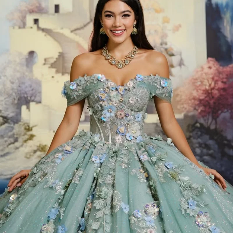 

Shiny mint green Quinceanera Dress Crystal 3D Flower Decal off-shoulder Long tail Bow Vestidos De 15 Quinceanera ﻿Customize
