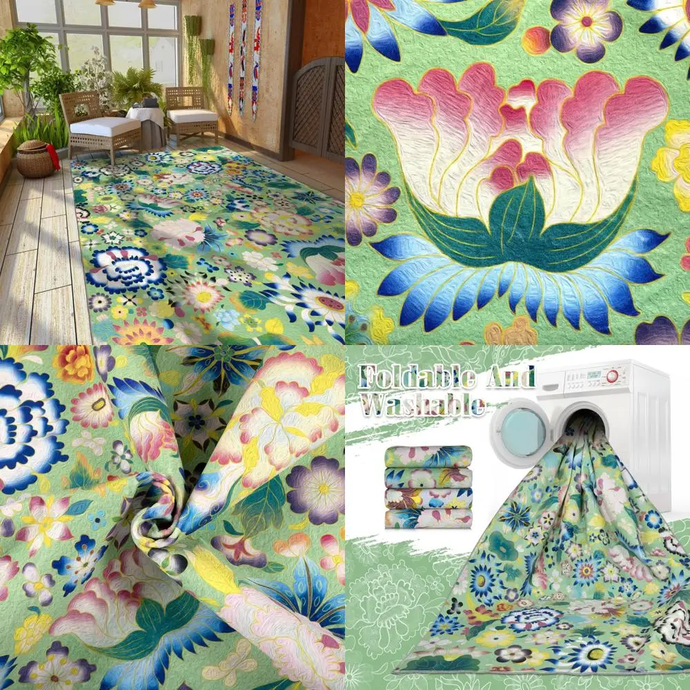 Soft and Lightweight 9x12 Floral Rugs, Washable and Stain Resistant, Ideal for Living Room, Bedroom, and Dining Area with Non-Sl