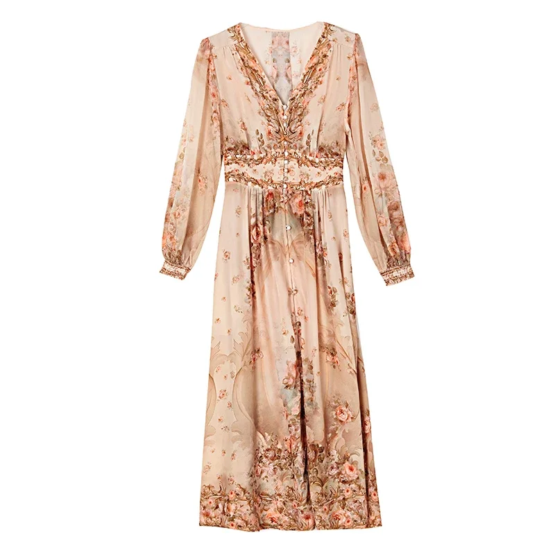 Summer Luxury Silk Floral Beach Midi Dress Women's Vintage Elegant Evening Prom Dress Spring Holiday Boho Hepburn Vessios XQ286