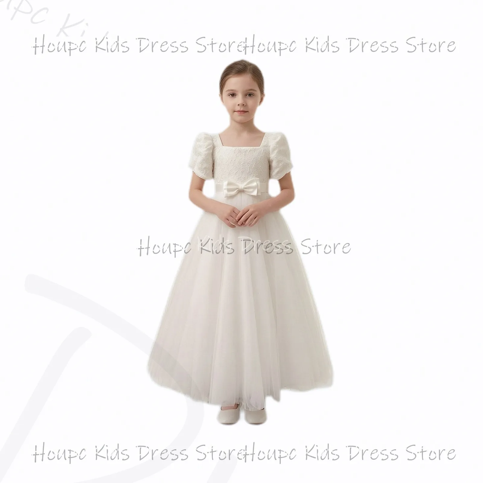 Wedding Custom Flower Girl Dresses Square Neck Lace Bodice Puff Sleeve Tulle Skirt Bow Waist Wedding Birthday Party
