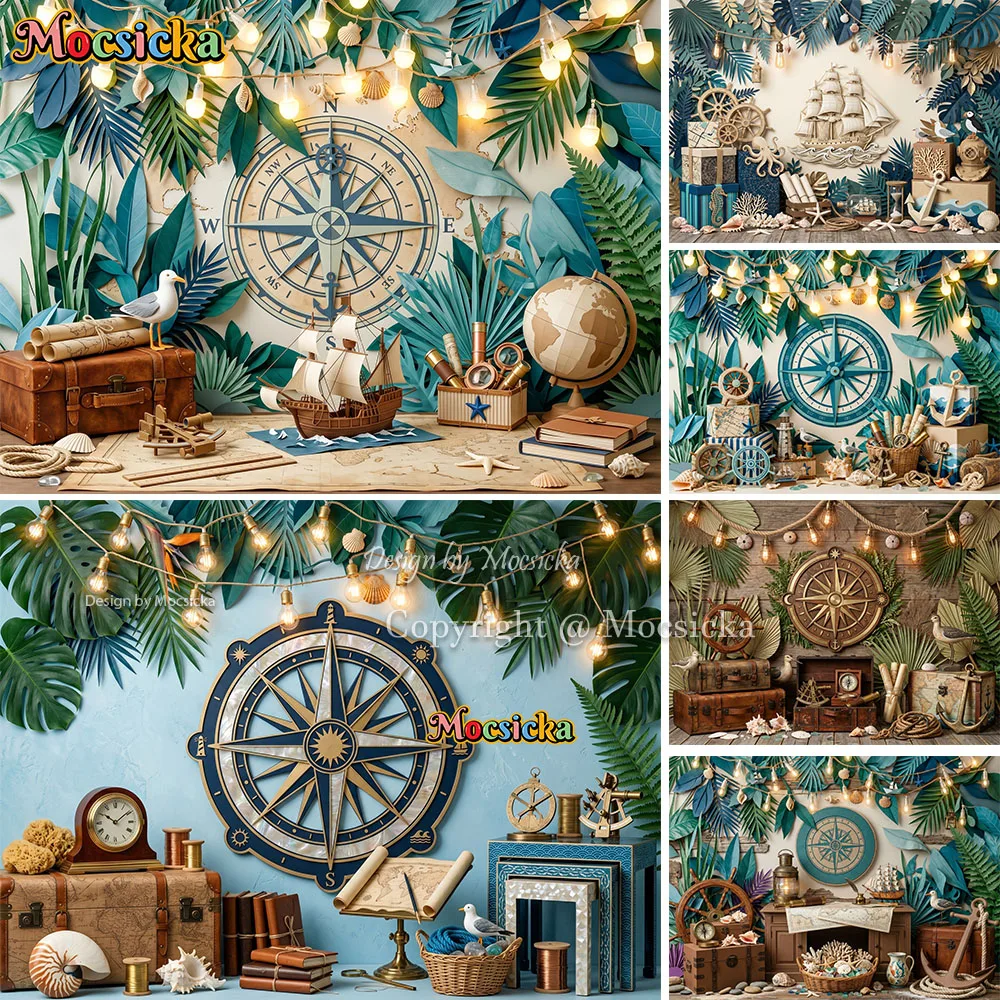 Mocsicka Baby Shower Nautical Adventure Backdrop Photography Compass Ship Map Background Kids Pirate Birthday Party Studio Decor