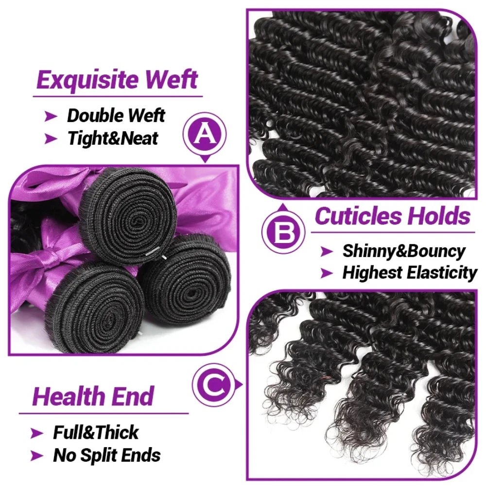 Bundles brésiliens de cheveux à vague profonde, couleur noire naturelle, 3/4 cheveux humains Remy, extensions de cheveux longs, 1 PC, 100% PCs