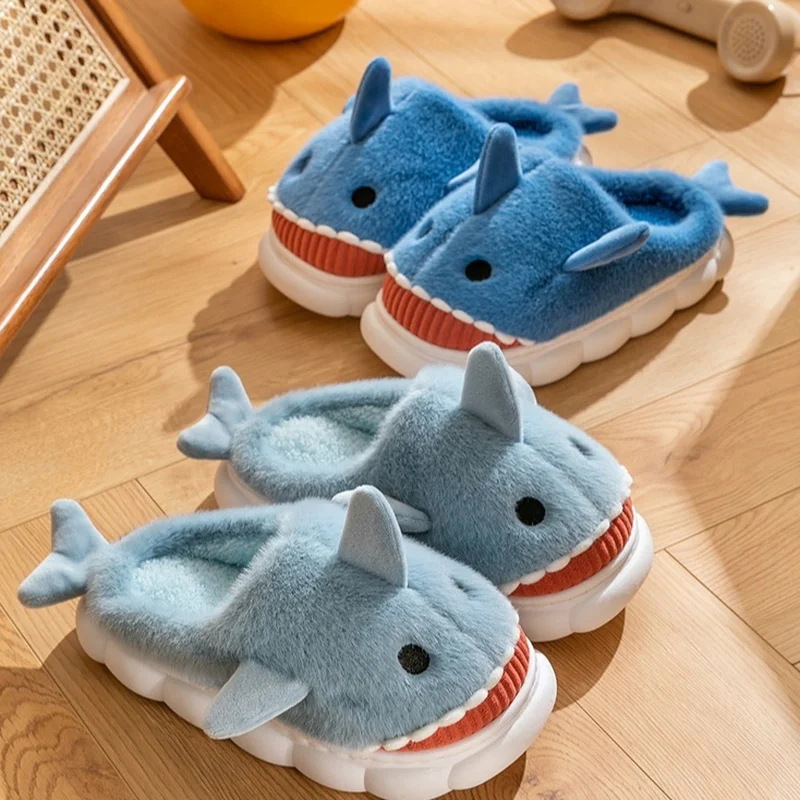 Casual Fluffy Slippers Cartoon Shark Home Flats Cute Cartoon Designer Shoes Fashion Winter Platform Slipper House Warm Footwear