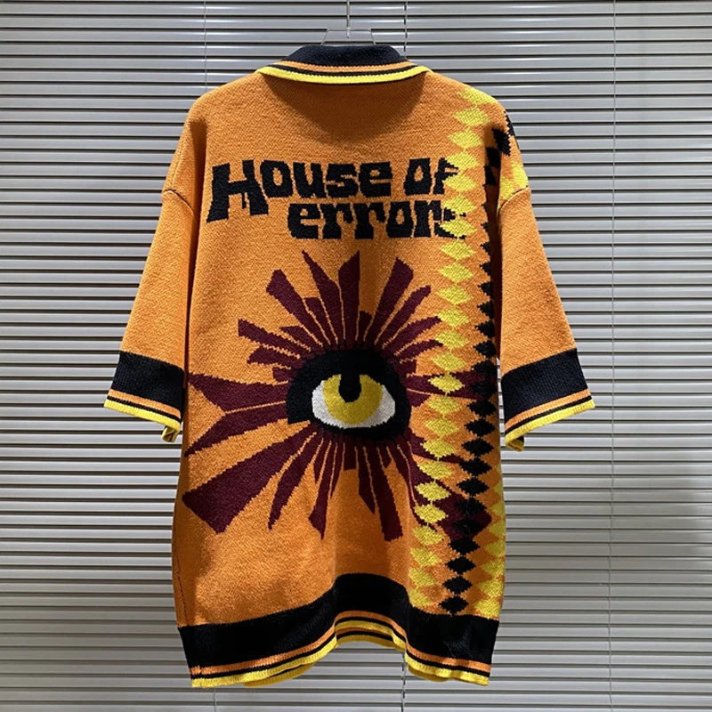 House of Errors trui streetwear trend contrasterend kleurenpatroon jacquard borduurlogo gebreid poloshirt met korte mouwen