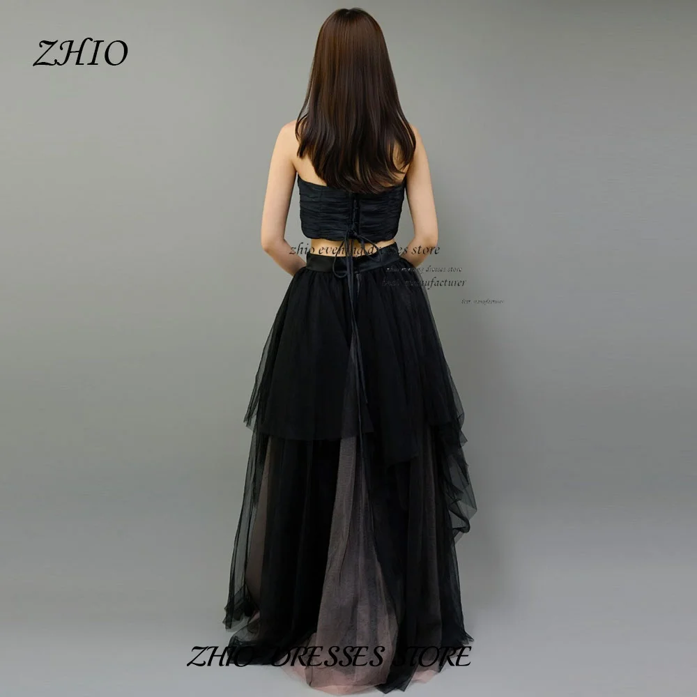 ZHIO Elegant Black Strapless Layered Tulle Two Piece Evening Gown with High Slit Puffy Skirt Custom A-Line Prom Dress For Women