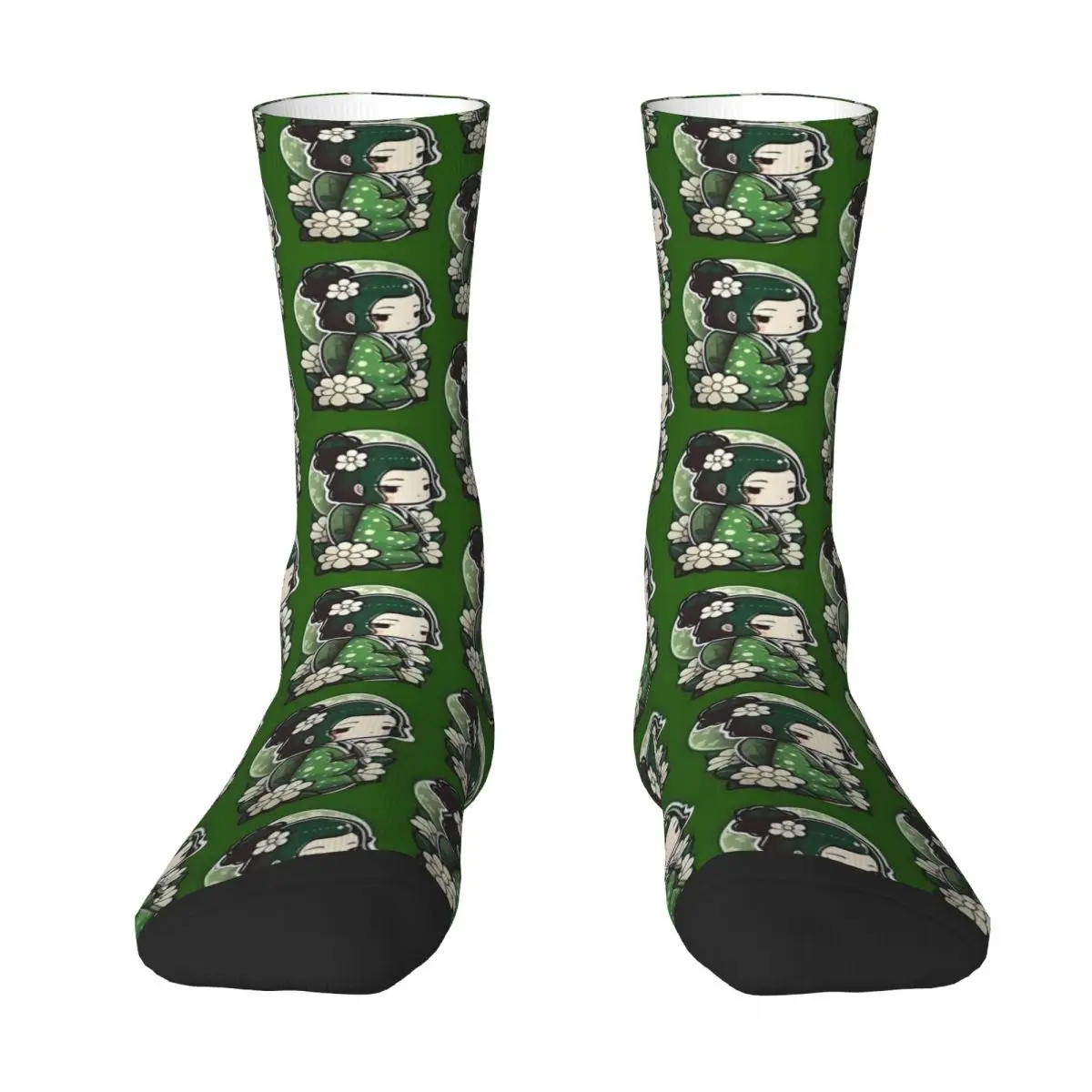 Japanese Dolls Wearing A Green Kimono Socks Funny Stockings Autumn Non-Slip Unisex Men Socks Soft Breathable Skateboard Socks