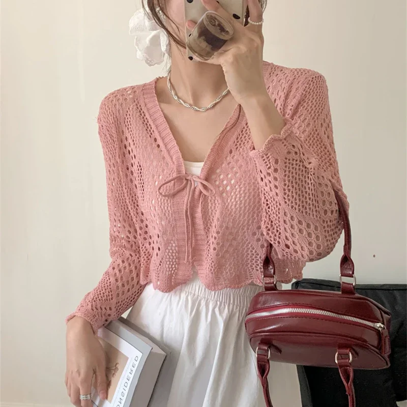 Doorschijnend Pointelle gebreid crop vest met stropdas aan de voorkant opengewerkte lange mouw korte jas top cover voor dames tienermeisje schattige outfit