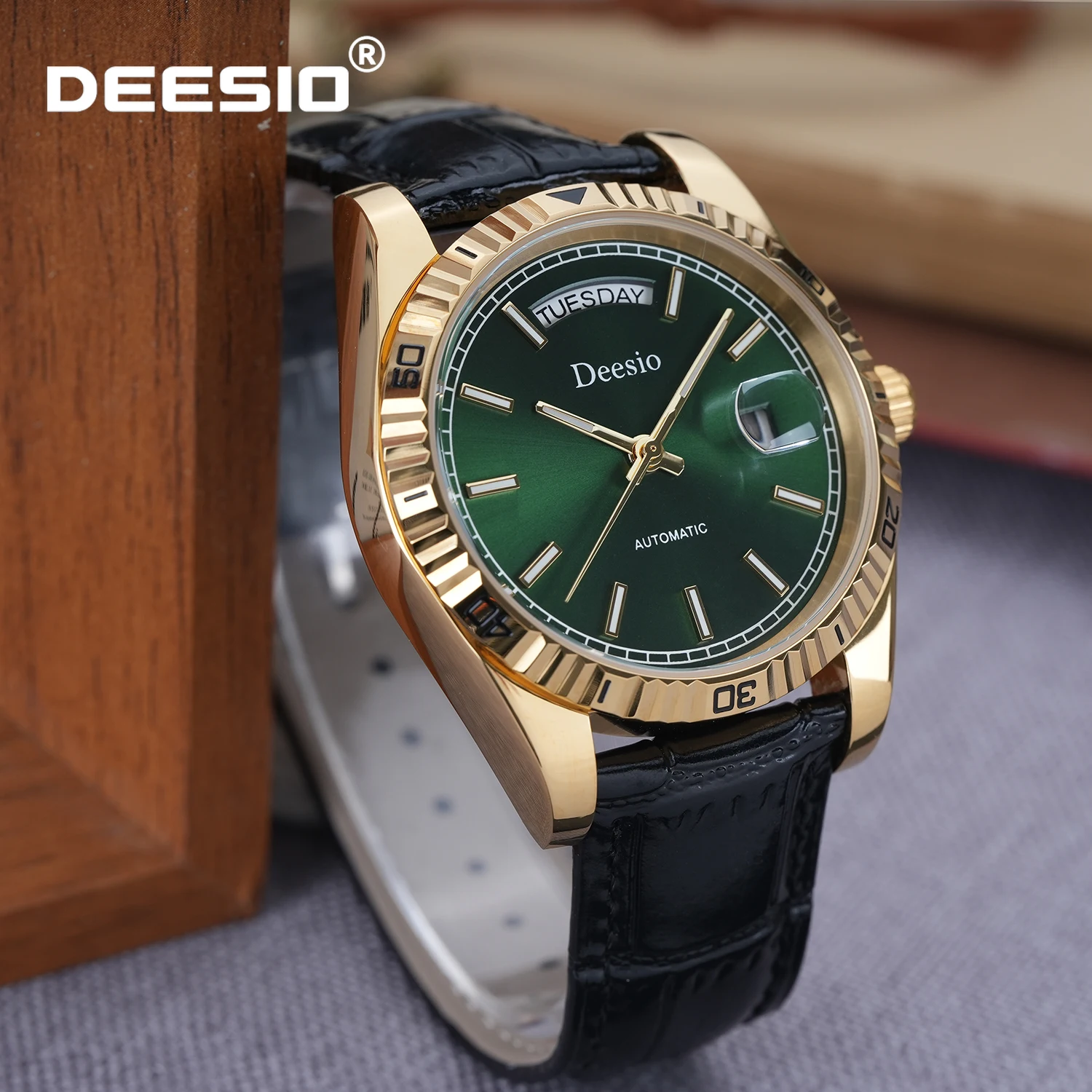 Deesio Business Automatic Mechanical Watch for Men Leather Strap Luminous 316L Stainless Steel Case Water Proof Wristwatch