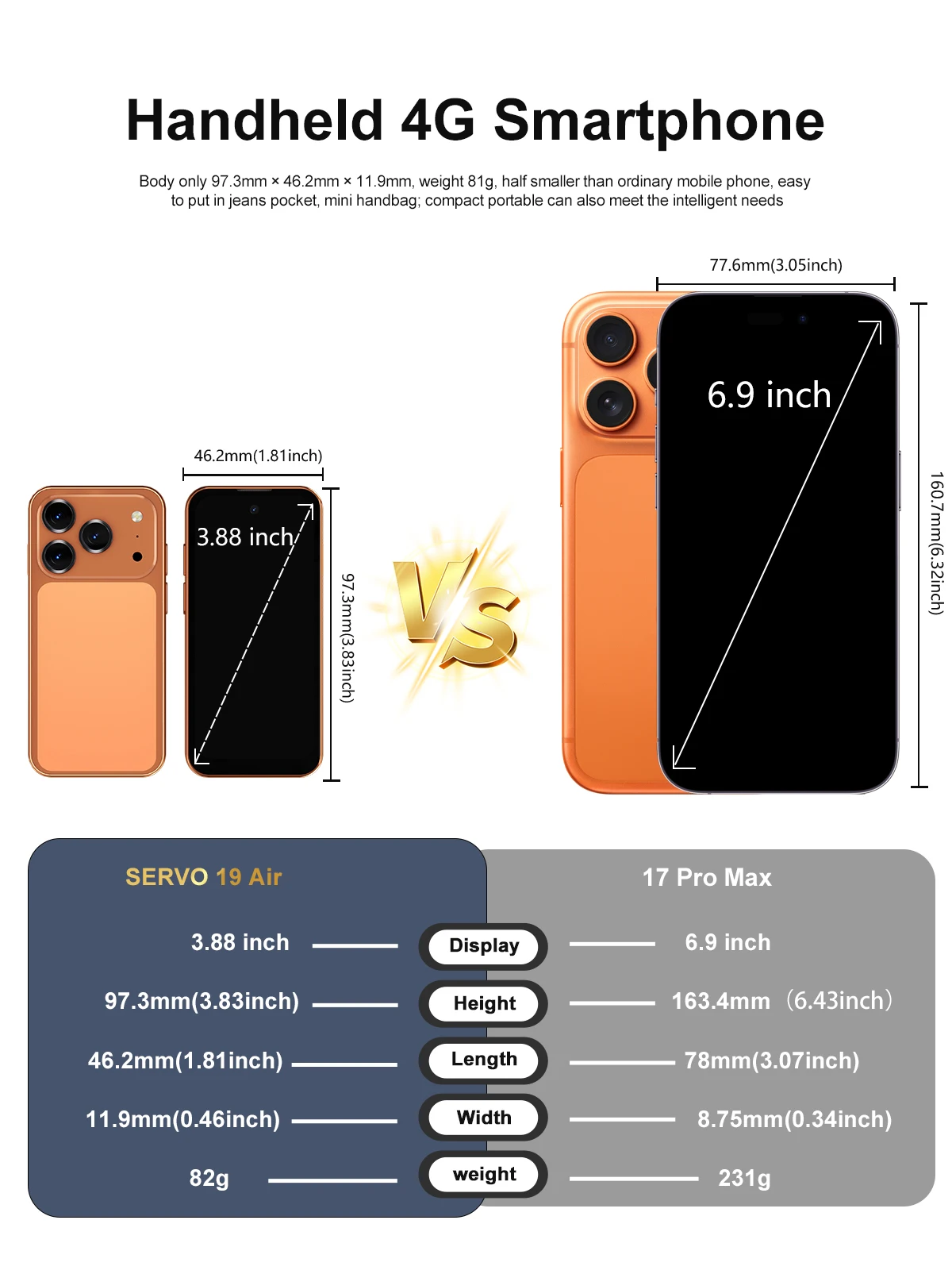 SERVO Mini Smartphone 4G LTE 3.88" Android 12.0 6GB+128GB Dual SIM Face Unlock OTG GPS WiFi Play Store Backup Small Mobile Phone