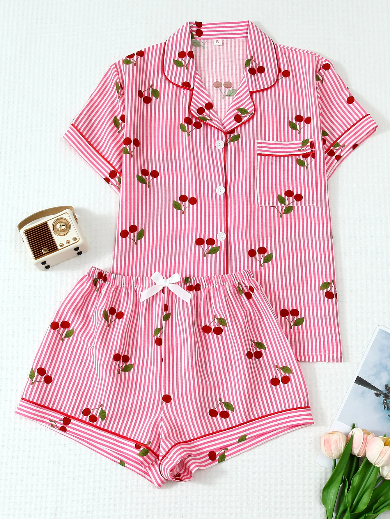 Two-Piece Comfortable Pink and White Striped Red Cherry Print Lapel Button Short-Sleeve Top with Pockets and Bow Shorts Spring/Summer Women's Pajama Loungewear Set Suitable for Home Use