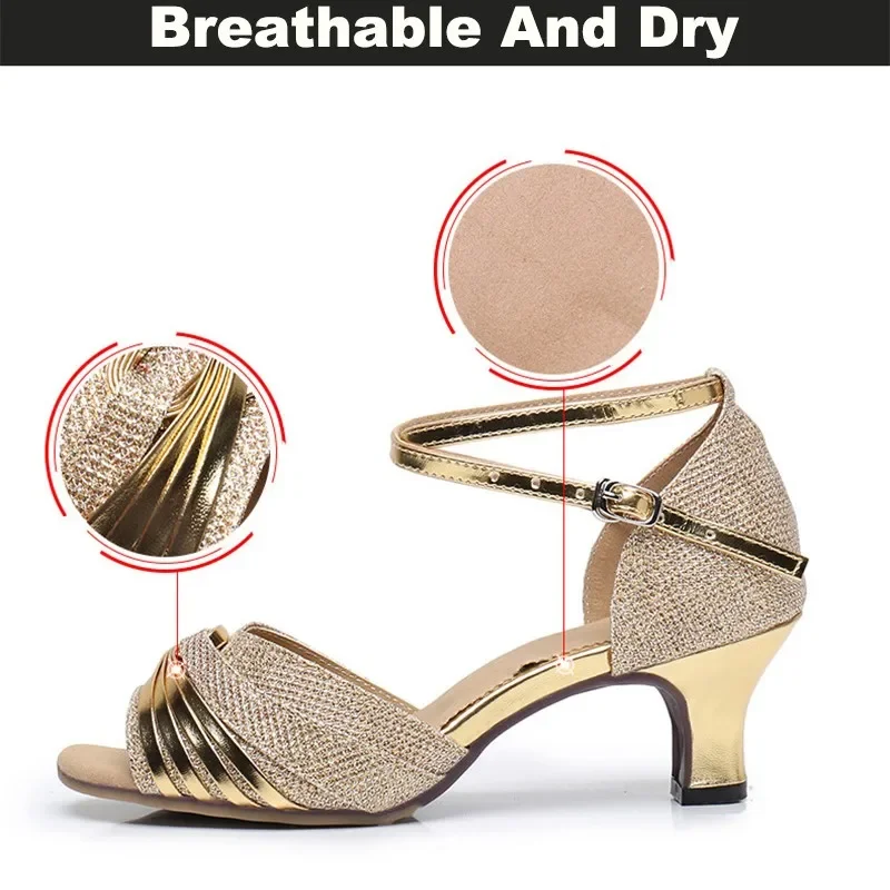 Glitter Women Latin Dance Shoes Toeless Ballroom Salsa Tango Practice Low heels 3.5/5.5cm Adult Party Lace Up Dance Shoes Gold