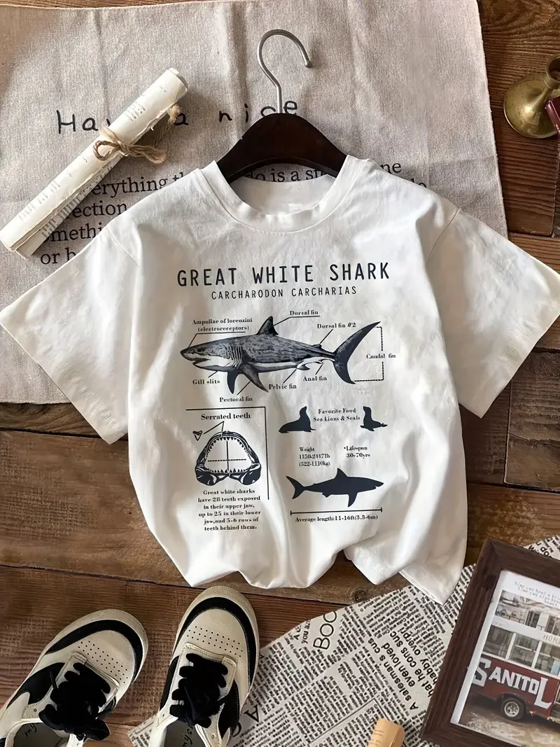 

Great White Shark Anatomy Tshirt Fashion Women's Short Sleeve Beach Diving Journey Pure Cotton Leisure T-Shirt Marine Animal Top